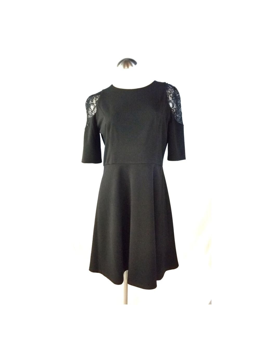 London Times Size 10 Black A-Line Dress Lace Shoulders